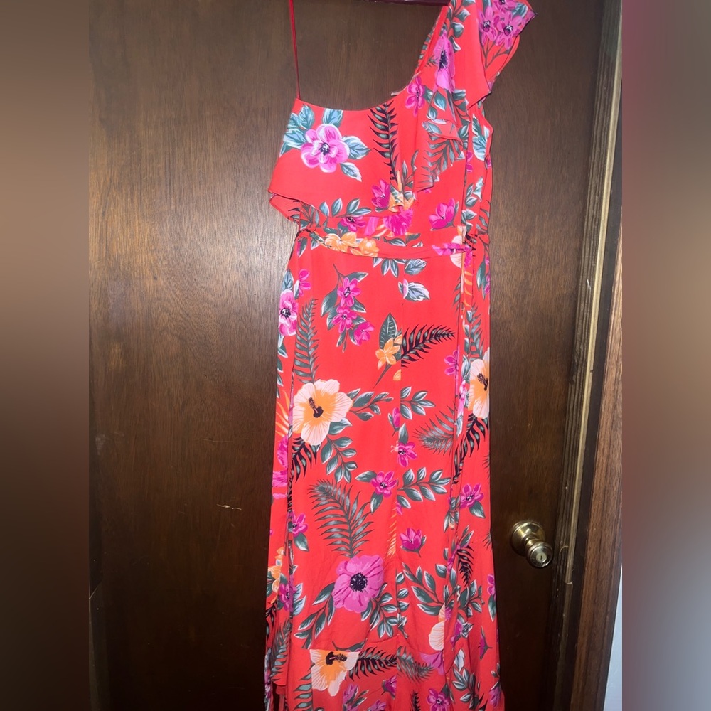 One shoulder high & low tropical dress with tie around waist.